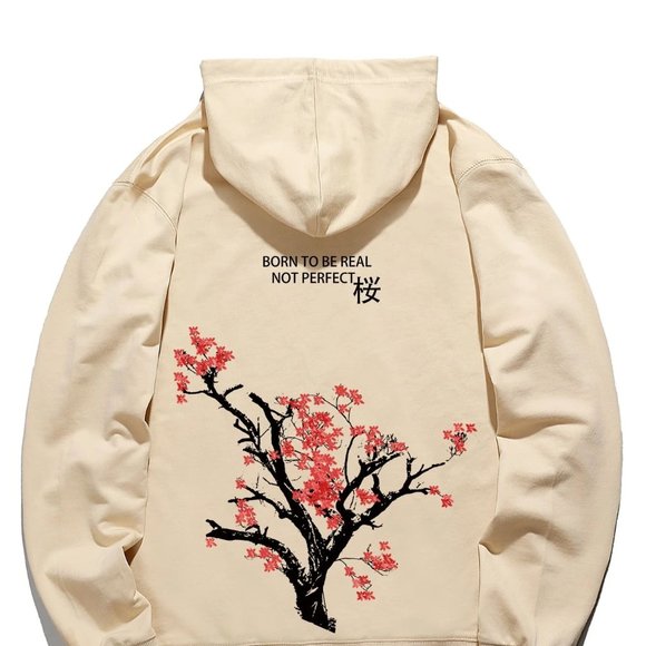 Other - Casual Apricot Men Japanese Letter & Tree Print Hoodie